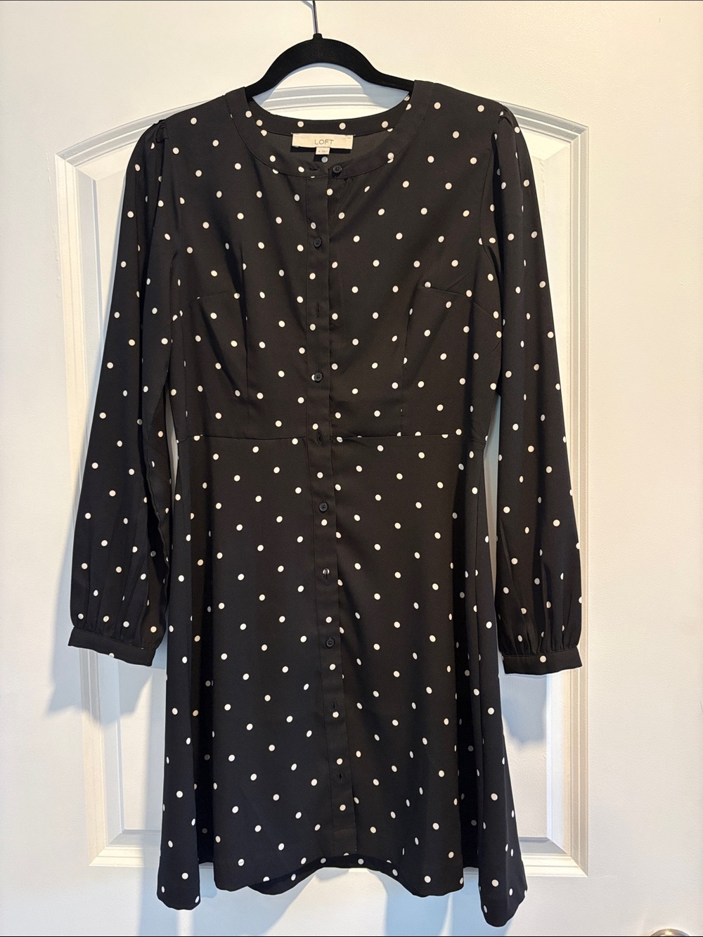 LOFT Black with White Polka Dot Long-Sleeve Dress, Size 4